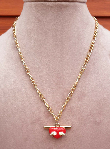 Metallic Gold Coloured Necklace with Bar & White Winged Red Heart Pendant - Charming And Trendy Ltd