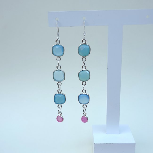 Natural Aquamarine and Rose Quartz Sterling Silver Dangle Earrings - Charming And Trendy Ltd