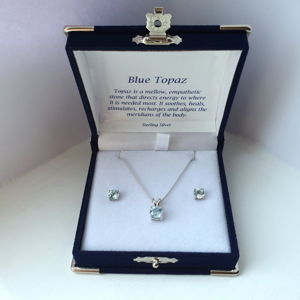 925 Sterling Silver Blue Topaz Solitaire Pendant & Stud Earring Set (Boxed) - Charming And Trendy Ltd