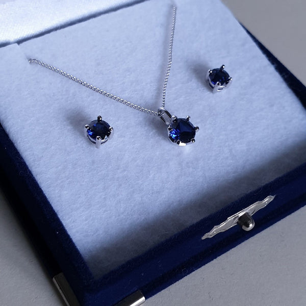 Sapphire Solitaire Sterling Silver Pendant & Stud Earring Set (Boxed) - Charming And Trendy Ltd