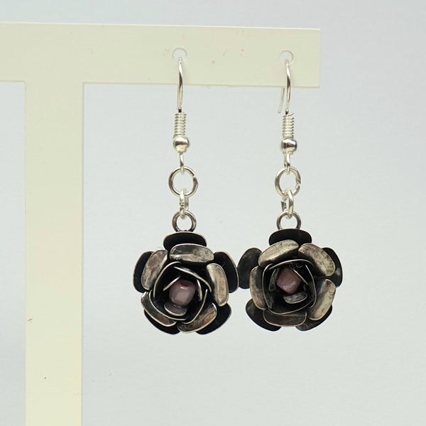 Silver Grey Metal Flower Dangle Earrings - Charming And Trendy Ltd