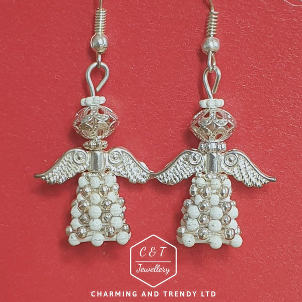 Antique Silver & White Beaded Angel Earrrings - Gift Boxed - Charming And Trendy Ltd
