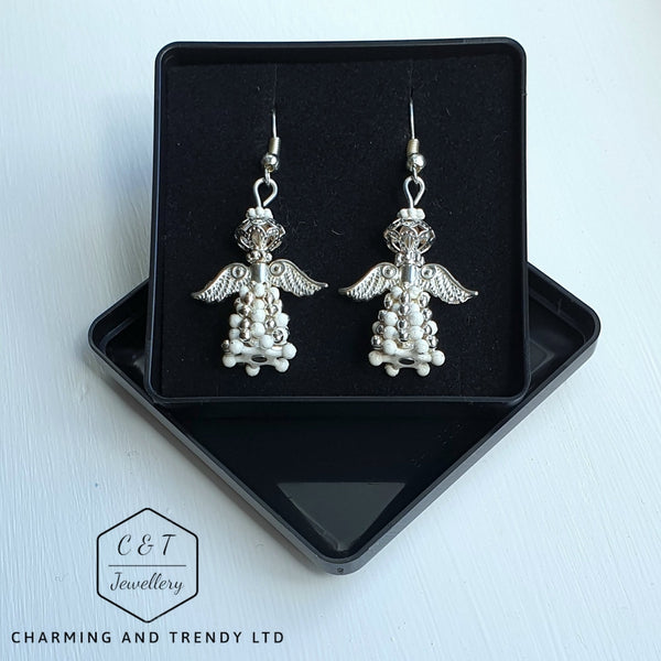 Antique Silver & White Beaded Angel Earrrings - Gift Boxed - Charming And Trendy Ltd