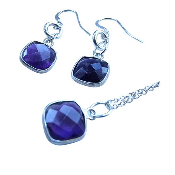 925 Sterling Silver Amethyst 18" Pendant & Drop Earring Set - Charming and Trendy Ltd