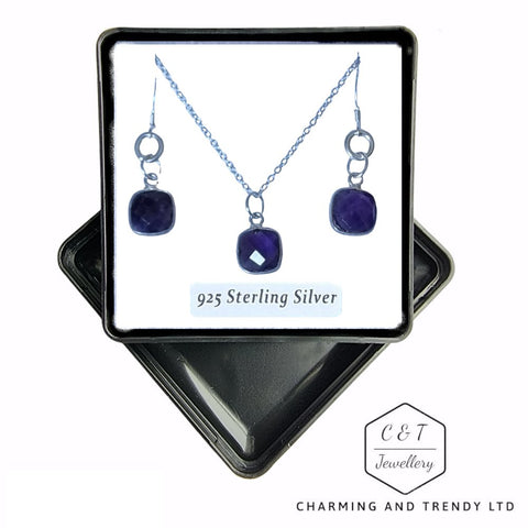 925 Sterling Silver Amethyst 18" Pendant & Drop Earring Set - Charming and Trendy Ltd