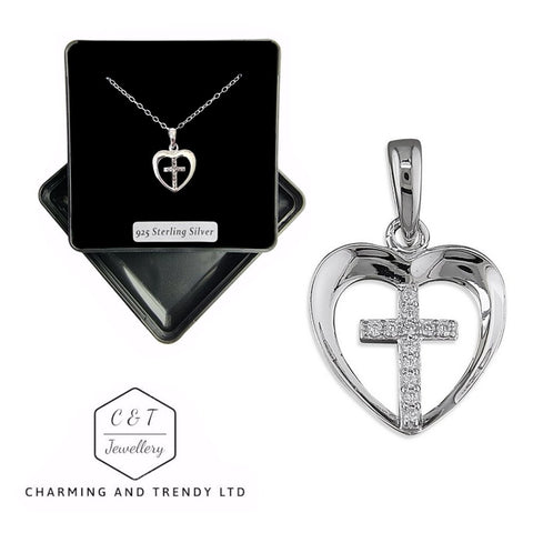 925 Sterling Silver Cubic Zirconia Cross in Heart Pendant - Charming and Trendy Ltd