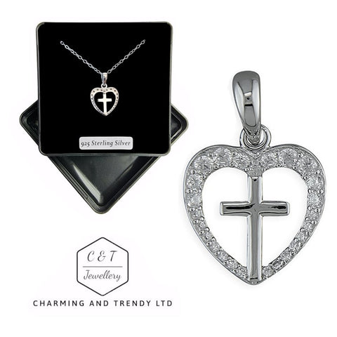 925 Sterling Silver Plain Cross in a Cubic Zirconia Heart Pendant - Charming and Trendy Ltd