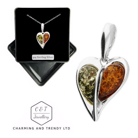 925 Sterling Silver Mixed Amber Split Heart Pendant - Charming and Trendy Ltd
