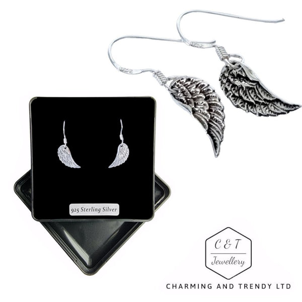 925 Sterling Silver Dainty Angel Wing Drop Earrings - Charming and Trendy Ltd