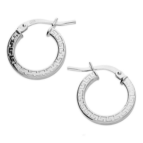 925 Sterling Silver 14mm Greek Pattern Creole Hoop Earrings - Charming and Trendy Ltd