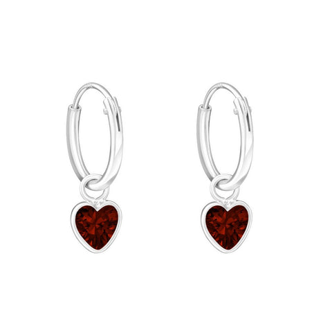 925 Sterling Silver 12mm Hoop Sleeper Earrings - Garnet Cubic Zirconia Hearts - Charming and Trendy Ltd