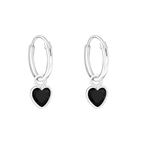 925 Sterling Silver 12mm Hoop Sleeper Earrings - Jet Cubic Zirconia Hearts - Charming and Trendy Ltd