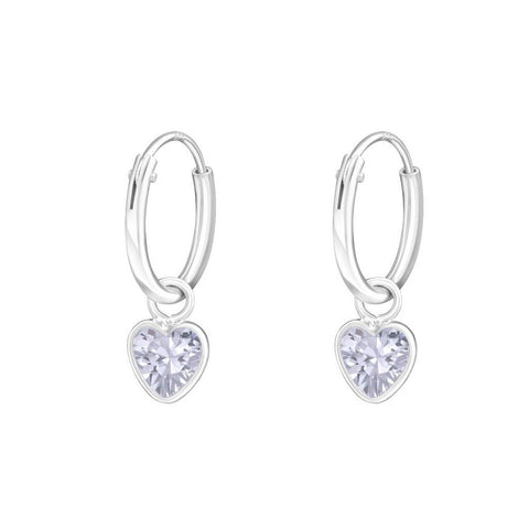 925 Sterling Silver 12mm Hoop Sleeper Earrings - Lavender Cubic Zirconia Hearts - Charming ad Trendy Ltd