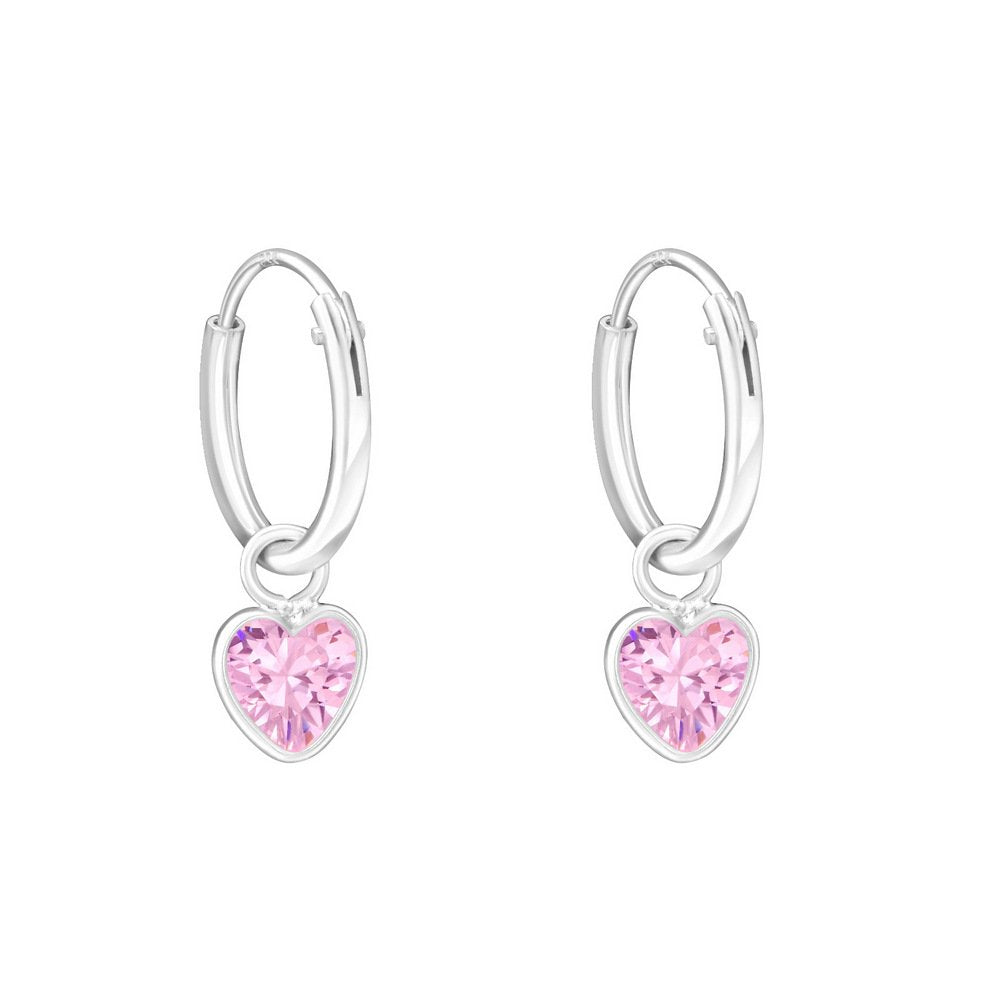 925 Sterling Silver 12mm Hoop Sleeper Earrings - Pink Cubic Zirconia Hearts - Charming and Trendy Ltd