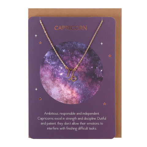 Capricorn Zodiac Pendant Necklace on a Matching Greeting Card with Envelope - Charming and Trendy Ltd 