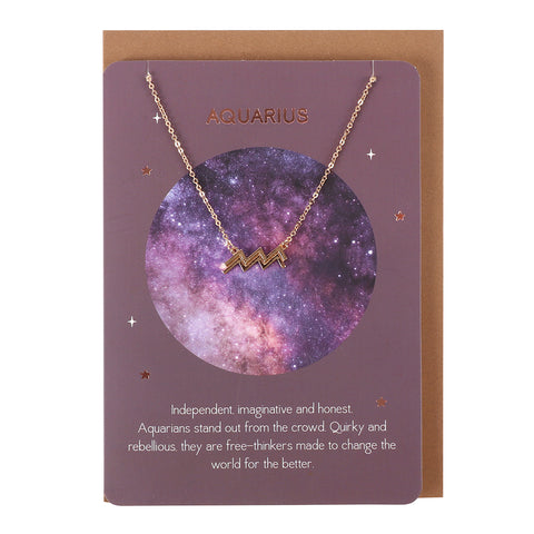 Aquarius Zodiac Pendant Necklace on a Matching Greeting Card with Envelope - Charming and Trendy Ltd