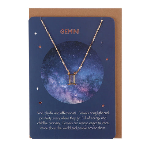 Gemini Zodiac Pendant Necklace on a Matching Greeting Card with Envelope - Charming and Trendy Ltd