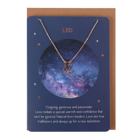 Leo Zodiac Pendant Necklace on a Matching Greeting Card with Envelope - Charming and Trendy Ltd