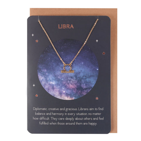 Libra Zodiac Pendant Necklace on a Matching Greeting Card with Envelope - Charming and Trendy Ltd