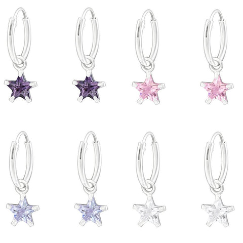 925 Sterling Silver 12mm Hoop Sleeper Earrings with Cubic Zirconia Stars - Charming and Trendy Ltd